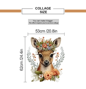 Detailed dimensions of floral fawn wall decal showing 53cm width and 62cm height