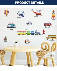 Close-up of colorful cartoon transport wall stickers including planes, boats and cars
