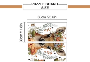 Detailed dimension guide for floral deer wall decal showing 30x60cm puzzle board size