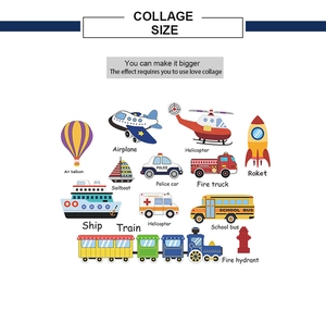 Flat vector cartoon wall stickers featuring colorful planes, rockets, and school buses