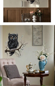 Detailed realistic black owl wall sticker perched on a branch for home decor art