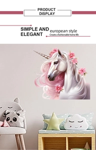 Macro shot of wall sticker featuring a unicorn with pink mane and floral decorations
