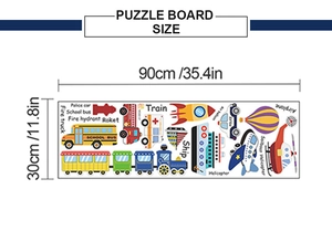 Detailed sheet of cartoon vehicle wall decals showing 90cm x 30cm layout for kids room