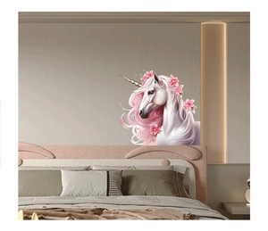 Pink haired white unicorn wall sticker with red floral accents in a cozy bedroom setting