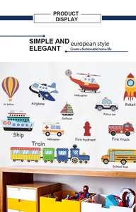 Detail view of colorful cartoon vehicle wall decals with labels for nursery decor