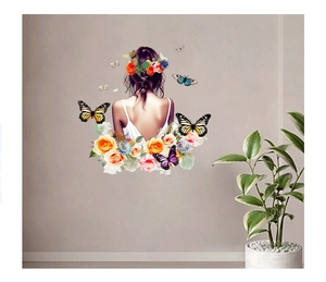 Detail of wall sticker showing a woman back view with colorful butterflies and flowers