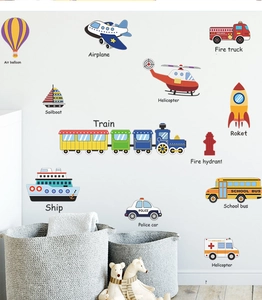 Detail of colorful cartoon transport wall stickers including cars, planes and ships for kids room