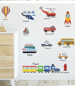 Cartoon transport wall decals featuring aircraft and vehicles in a bright kids room