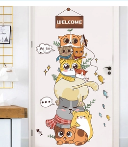 Detailed view of cute cartoon cats stacked with welcome sign wall stickers for kids room