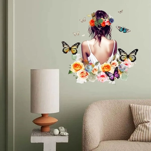 Modern Minimalist Beauty Back View Butterfly Wall Sticker Floral Self Adhesive PVC Removable Home Decal Bedroom Living Room Decor