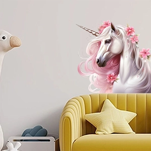 Dreamy Unicorn Wall Sticker Pink Long Hair Floral PVC Self Adhesive Waterproof Wall Decal For Kids Room Bedroom Home Decor