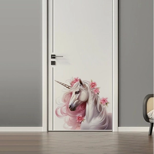 Pink unicorn wall sticker with cherry blossom mane for elegant living room home decor
