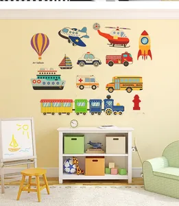 Close-up of colorful cartoon transport wall stickers including planes and ships for kids