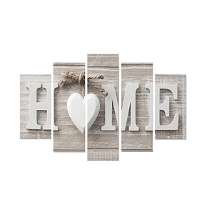 5-piece canvas wall art set featuring HOME text with heart on grey wood grain texture