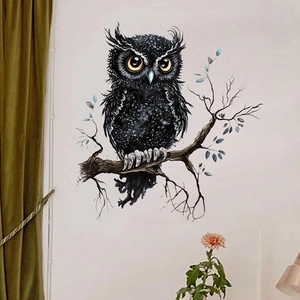 Black owl on tree branch wall decal for home bedroom and study room decoration
