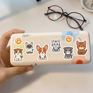 Cute animal stickers on cream stationery storage box with floral patterns