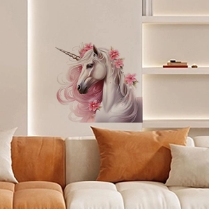 Pink mane unicorn wall sticker displayed as home decor in a modern living room