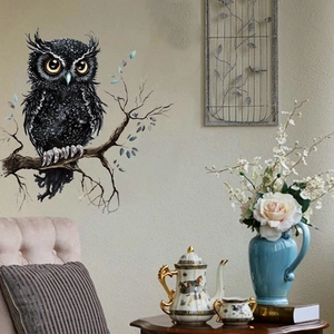 Artistic black owl on tree branch wall sticker for living room home decor