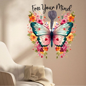 Modern wall sticker featuring a butterfly girl motif and Free Your Mind quote