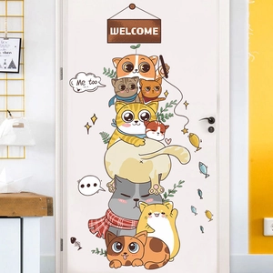 Cartoon Cat Stacking Wall Sticker Waterproof PVC Animal Decal With Welcome Sign For Kids Room Bedroom Nursery Home Decor
