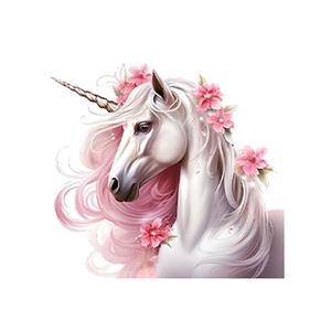 Dreamy white unicorn wall sticker with pink floral mane and brown spiral horn design