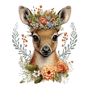 Adhesive wall sticker featuring a cute deer with long eyelashes and a floral flower crown
