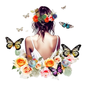 Modern wall sticker of girl with floral hair and colorful butterflies in back view