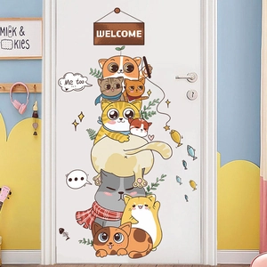 Cartoon cats stacking wall sticker with welcome sign for kids room home door decor
