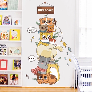 Cartoon cats wall sticker with welcome sign for kids room home wall decoration