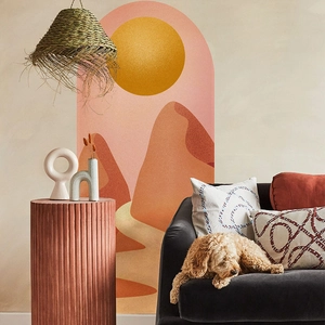 Minimalist sun and mountains arch wall decal for a modern living room decor