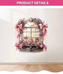 Close-up of European landscape window wall sticker with pink roses and silk ribbons