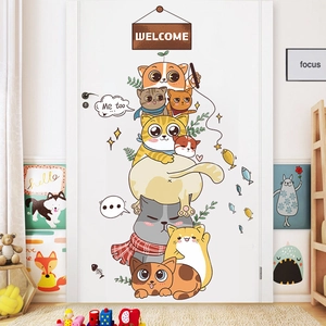 Whimsical cartoon stacking cats wall sticker with Welcome sign on a white door