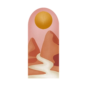 Modern arch wall sticker featuring abstract golden sun, mountains and river landscape