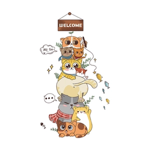Cartoon cats wall sticker with welcome sign for kids room decor in vibrant colors