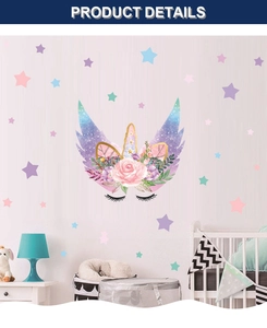 Détails de stickers licorne avec étoiles aux tons pastels pour chambre de bébé