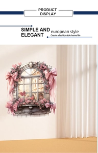 Detail showing European style faux window wall sticker with pink roses and bow