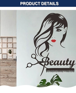 Dettaglio dell'adesivo murale per salone con silhouette di donna, forbici e pettine