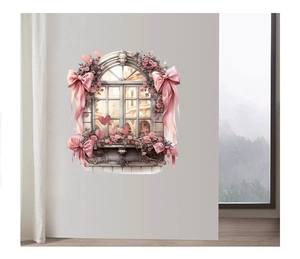Detail of 3D arch window wall sticker with pink roses, silk ribbons and heart motifs