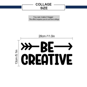 Detail view of BE CREATIVE wall sticker showing product dimensions 28cm by 13cm in black