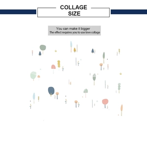 Detail view of cartoon forest wall decals with Morandi tones and collage size guide
