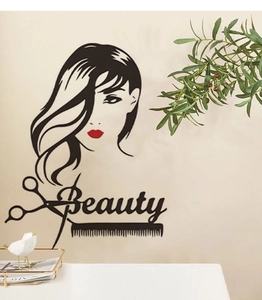 Dettaglio dell'adesivo murale per parrucchieri con silhouette donna e forbici