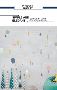 Detail showing colorful Morandi style forest trees wall stickers in a modern nursery room