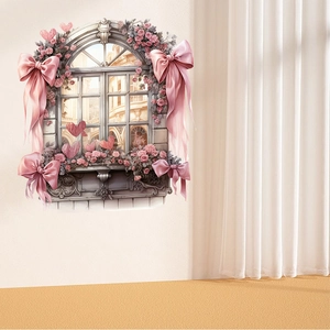 3D vintage window wall sticker with pink roses and romantic street view for home decor