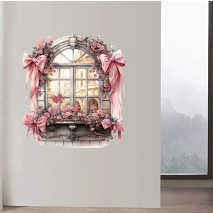 3D rose fake window wall sticker with pink bows and floral design for home decor