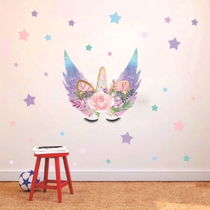 Sticker Mural Licorne et Étoiles Dessin Animé Amovible DIY PVC Mural pour Chambre d'Enfant Décoration Intérieure Design Floral