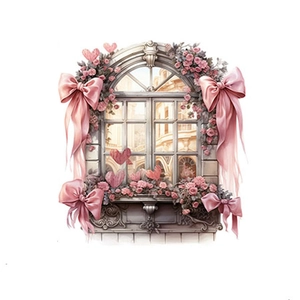 Romantic fake window wall sticker with pink roses, silk bows and red hearts decorations