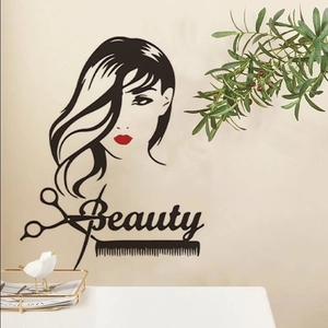 Adesivo murale per salone di bellezza con profilo donna, forbici e labbra rosse decor