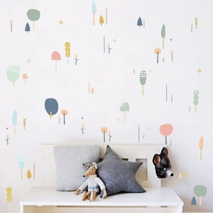 Nordic style cartoon forest tree wall stickers for kids nursery in soft pastel colors