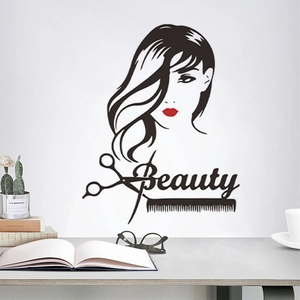 Adesivo murale sagoma donna sexy per salone di bellezza con forbici e scritta Beauty
