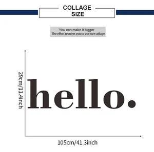 Size guide for HELLO wall decal showing dimensions of 29cm by 105cm for home decor